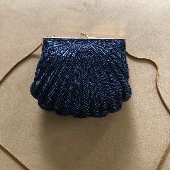 Vintage Handmade Blue Beaded Clamshell Evening Bag - Picture 2 of 8